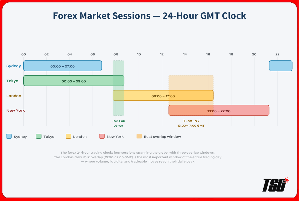 Forex Market Sessions — 24-Hour GMT Clock